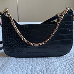 Mango Black Croc-Embossed Bag with Gold Chain